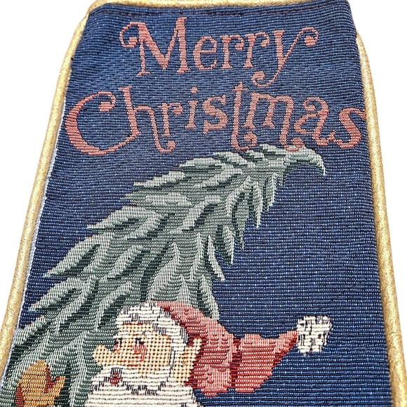 Vtg Needlepoint Christmas Stocking Santa Elves Tree Merry Christmas Gold Trim - Picture 2 of 5